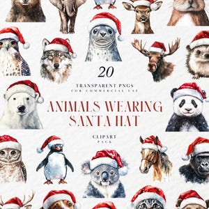 Watercolor Animals Wearing Santa Hat Clipart, Cute Woodland Creatures for Festive Holiday Crafts, Transparent PNG Graphics, Commercial Use