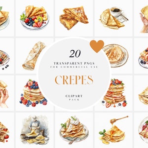 Watercolor Crepes Clipart, Sweet Crepe Dessert with Whipped Cream Clipart, Fruits, Berries, Honey, Transparent PNG Graphics, Commercial Use