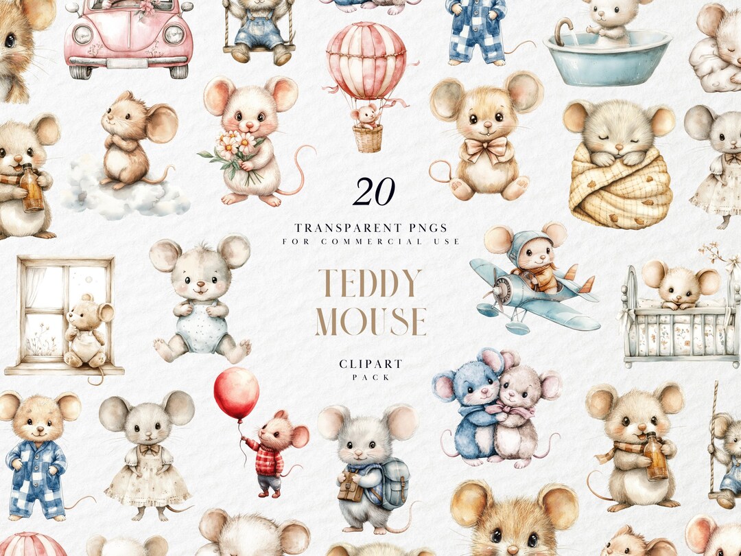 Teddy Mouse Watercolor Teddy Mouse Clipart, Cute Plush Animal Toy, Woodland Baby ...