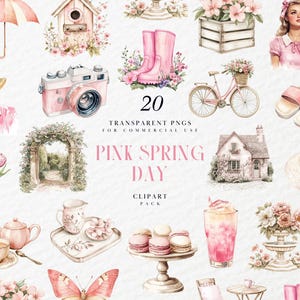 Clipart de un acogedor día de primavera en acuarela, saludos de primavera neutros con temática rosa, floral, calcomanía digital, gráficos PNG transparentes, uso comercial