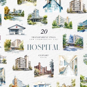 Clipart hôpital aquarelle, hôpital moderne, centre médical, clinique, couloir, intérieur, extérieur, PNG transparents, usage commercial