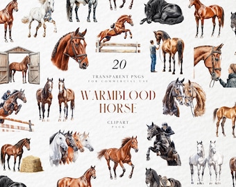 Op de afbeelding: Een digitaal clipart-pakket met 20 aquarel-illustraties van warmbloedpaarden in verschillende poses. De illustraties zijn transparante PNG's voor commercieel gebruik. De tekst "20 Transparent PNGs for Commercial Use Warm Blood Horse Clipart Pack" is in de afbeelding opgenomen.