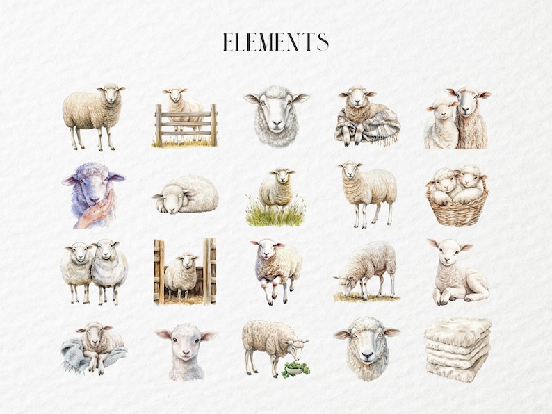 May include: Watercolor illustrations of sheep in various poses, including standing, lying down, and grazing. Some sheep are shown with lambs, and others are in a basket or behind a fence. The word "ELEMENTS" is at the top.