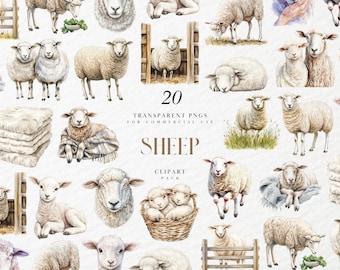 Watercolor Sheep Clipart, Woolly Farm Animal Illustration, Rustic Pasture Scene For Nursery Decor, Transparent PNG Graphics, Commercial Use