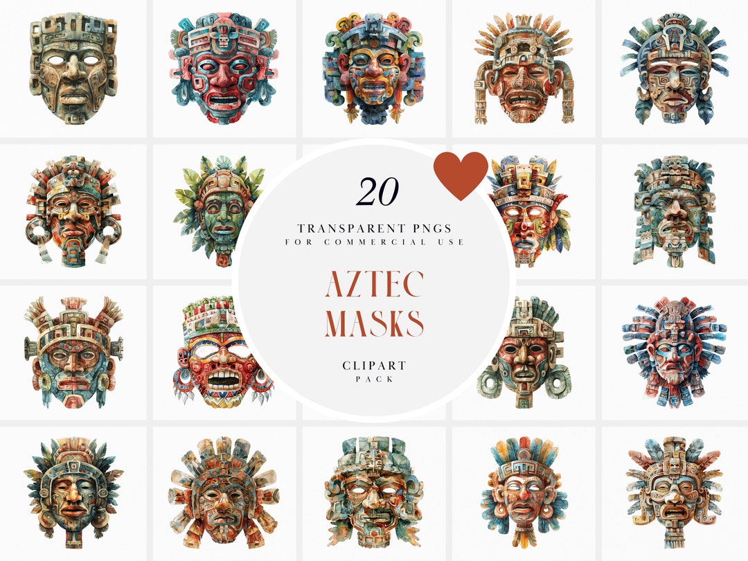 Watercolor Aztec Mask Clipart, Aztex Masks Clipart, Mayan Mask Clipart ...