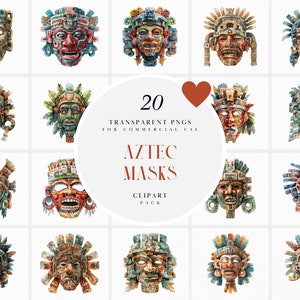 Clipart maschera azteca acquerello, clipart maschere aztex, clipart maschera maya, maschere maya, nativi americani, Messico, PNG trasparente, uso commerciale