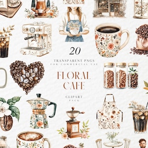 Clipart de café floral em aquarela, cenário aconchegante de café boho, decoração feminina de barista para arte de cozinha, gráficos PNG transparentes, uso comercial