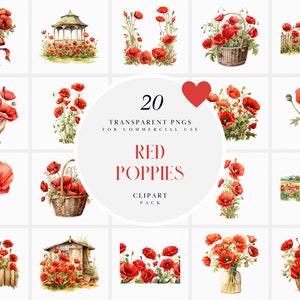 Aquarelle des cliparts coquelicots rouges, des cliparts fleurs de pavot rouge, des cliparts Bouquet de coquelicots, le jour du Souvenir, des graphiques PNG transparents, tout usage Commercial