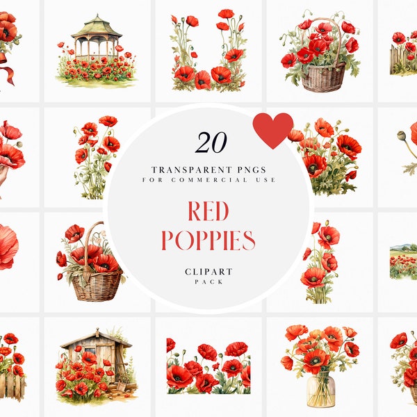 Watercolor Red Poppies Clipart, Red Poppy Flowers Clipart, Poppy Bouquet Clipart, Remembrance Day, Transparent PNG Graphics, Commercial Use
