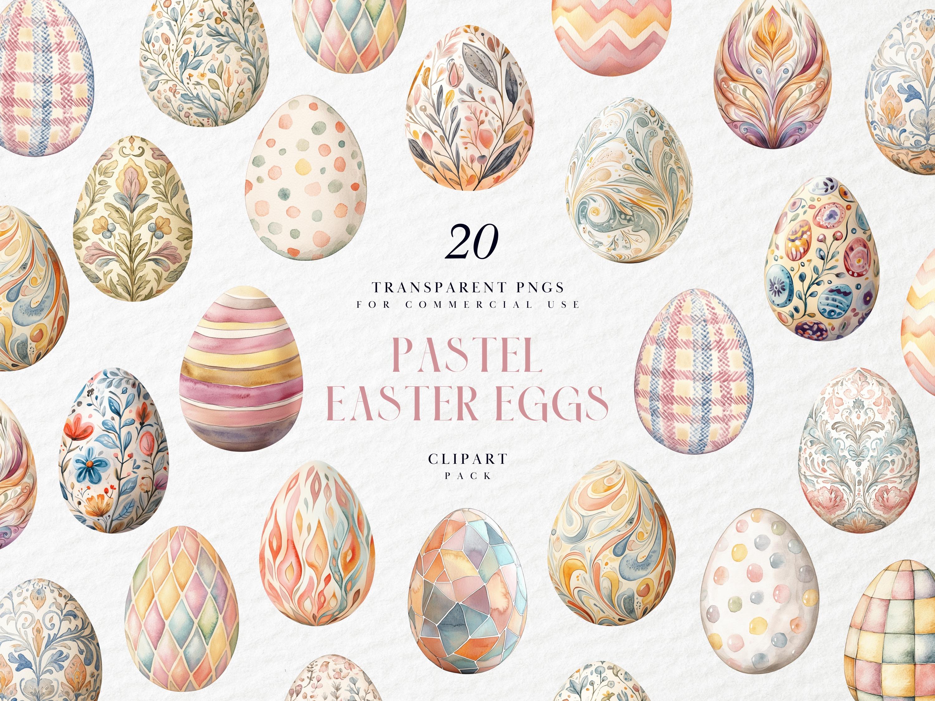 Watercolor Pastel Easter Eggs Clipart, Patterned Eggs, Cute Painted