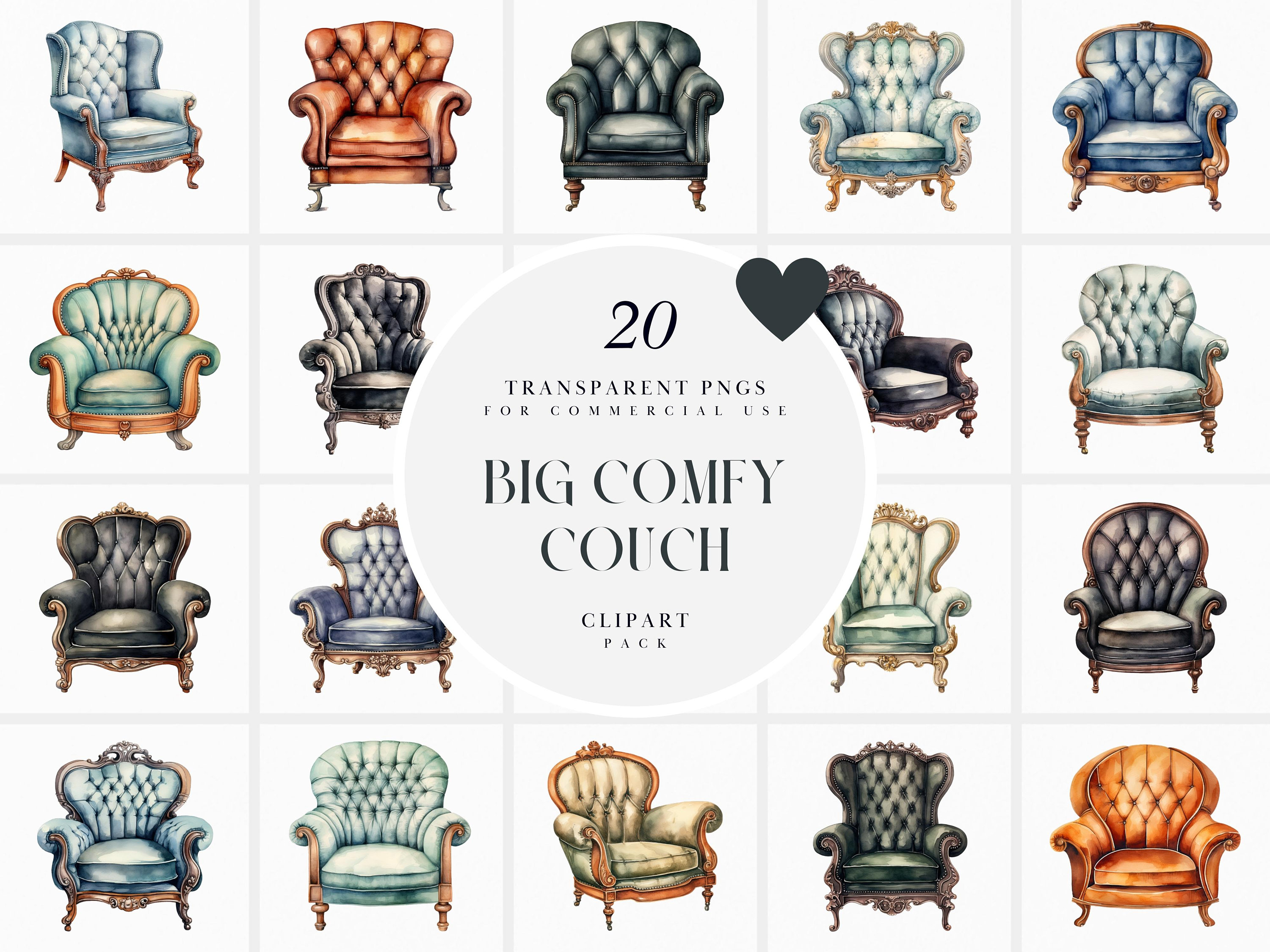 Watercolor Big Comfy Couch Clipart, Cozy Armchair Clipart, Corner Sofa Chair Clipart, Lounge Chair Clipart, PNG format for Commercial Use