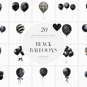 Clipart de globo negro de acuarela, clipart de globos negros, fiesta de cumpleaños, creación de tarjetas, invitación, gráficos PNG transparentes, uso comercial