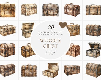 Watercolor Wooden Chest Clipart, Old Wood Chests Clipart, Rustic Box, Wood Trunk, Open Empty Chest, Transparent PNG Graphics, Commercial Use