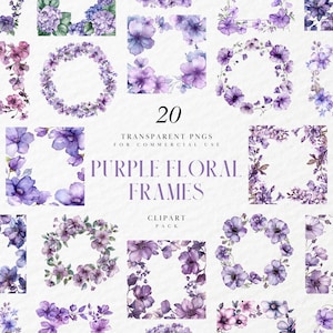 Watercolor Purple Floral Photo Frame Clipart, Page Corner, Banner, Page Border, Decorative Elements, Transparent PNG Graphic, Commercial Use