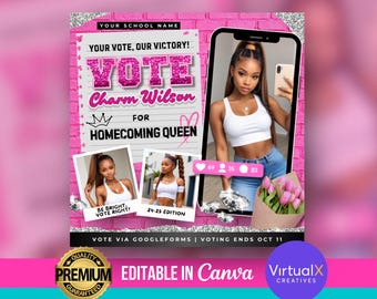 Homecoming Flyer, School Event Flyer, Vote Homecoming Queen Flyer, Class Campaign Flyer, Premade Prom Queen Flyer DIY Canva Template Design