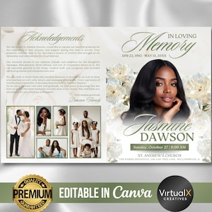 May include: A memorial card featuring the text "In Loving Memory" and the name "Jasmine Dawson". The card includes a photo of Jasmine, floral accents, and family photos. The text "Editable in Canva" is also present.