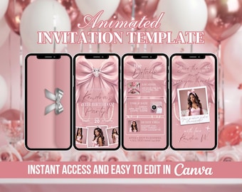 Faire-part d'anniversaire avec noeud rose, faire-part de fête avec noeud couquette de luxe rose, noeuds roses animés, losanges et perles, E-vite vidéo sur toile avec ruban rose
