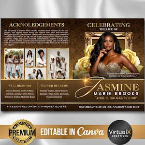 Peut inclure: Carte commémorative avec un design doré et marron, avec une photo d'une femme et du texte. La carte comprend le nom "Jasmine Marie Brooks", des dates et des détails pour une cérémonie commémorative. Elle a également un sceau doré qui dit "Premium Garanti".