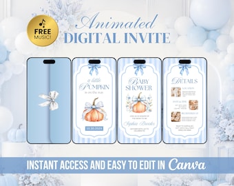 Invito "Piccola Zucca in arrivo" / Invito per baby shower autunnale per maschietto / Video animato con fiocco blu / Modello Canva modificabile