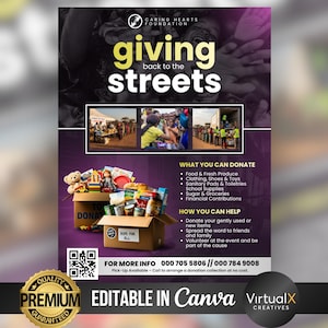 May include: A poster for the Caring Hearts Foundation, with the text "giving back to the streets." The poster shows images of people and donation boxes filled with food and supplies. It also lists items needed and ways to help, with a QR code.
