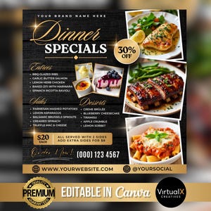 Ulotka z ofertami specjalnymi na kolację, edytowalna niedzielna oferta specjalna, ulotka z menu restauracji, dzisiejsze oferty specjalne, menu cateringowe, oferty menu na kolację Szablon Canva