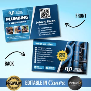 May include: A business card design for Master Plumbers, in blue and white. The front shows contact details and a QR code. The back lists services such as emergency repairs and renovations. The card also includes the text "20% OFF!"