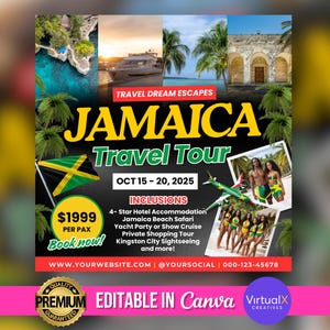 Folleto de agencia de viajes en Jamaica, folleto de vacaciones en Jamaica, folleto para reservar vacaciones, viaje de chicas, itinerario de agencia de viajes, plantilla de folleto de vacaciones