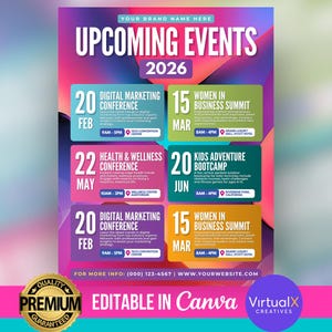 Flyer geplande evenementen, flyer evenementenagenda, sjabloon voor nieuwsbrief, afdrukbaar evenement, infographic flyer, conferentieschema, doe-het-zelfcanva