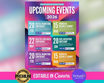 Upcoming Events Schedule Flyer, Events Agenda Flyer, Newsletter Template, Printable Event, Infographic Flyer, Conference Schedule, DIY Canva