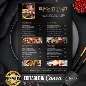Dépliant de menu de service de restauration, Flyer d'entreprise de restauration, Modèle de menu sur toile, Menu de luxe, Menu de mets modifiable, Menu de restaurant, Menu gastronomique