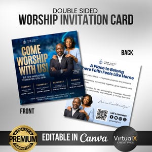 May include: Double-sided worship invitation card with the text "COME WORSHIP WITH US!" on the front. The back of the card reads "A Place to Belong Where Faith Feels Like Home." The card is editable in Canva.