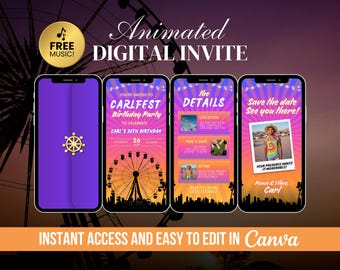 Music Festival Party Invitation, Boho Music Fest Birthday, Editable Festival Ticket, Animated Bohemian Bday Evite, DIY Ferris Wheel Video