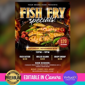 Op de afbeelding: Een flyer die een visbraad-special adverteert met een foto van gebakken vis, groenten en een bijgerecht. De flyer heeft de titel "Fish Fry Specials!" en bevat de datum, tijd en prijzen voor gebakken meerval, gebakken zalm en knapperige garnalen. De flyer bevat ook een telefoonnummer en een adres voor RSVP.