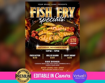 May include: A flyer advertising a fish fry special with a photo of grilled fish, vegetables, and a side dish. The flyer is titled "Fish Fry Specials!" and includes the date, time, and prices for fried catfish, grilled salmon, and crispy shrimp. The flyer also includes a phone number and address for RSVP.