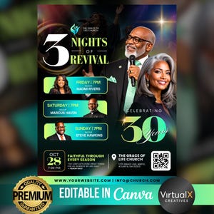 Może przedstawiać: Cyfrowa ulotka na 3 Nights of Revival w The Grace of Life Church, zawierająca zdjęcia trzech pastorów i kobiety. Tekst zawiera szczegóły wydarzenia, daty, kod QR oraz frazę Celebrating 30 Years. Projekt można edytować w programie Canva.