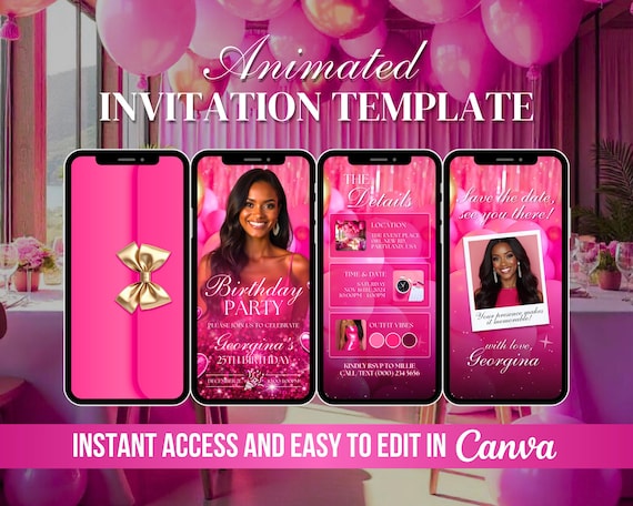 Hot Pink Birthday Party Invitation, Pink Gold Animated Invitation, Editable Pink Glitters Party Invite Digital Video, Pink Bday Canva E-vite