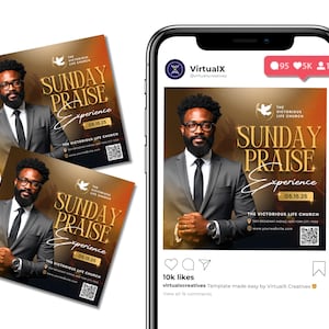 May include: An image of a man in a suit with glasses, promoting a "Sunday Praise Experience" event. The design features gold text and a gradient background. The event date is 05.15.25. The image is also displayed on a smartphone.