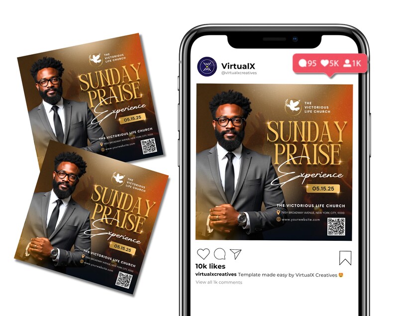 May include: An image of a man in a suit with glasses, promoting a "Sunday Praise Experience" event. The design features gold text and a gradient background. The event date is 05.15.25. The image is also displayed on a smartphone.
