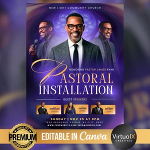 May include: A promotional poster for a church event, featuring a central image of a smiling man in a suit and glasses. The poster has a purple and gold color scheme and includes the text "Pastoral Installation" and "Editable in Canva."