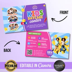 May include: A two-sided business card design for a daycare center. The front features the text "KIDS DAYCARE center" in purple and blue, with images of children and text about the daycare's offerings. The back highlights reasons to choose the daycare, with a 30% discount offer.