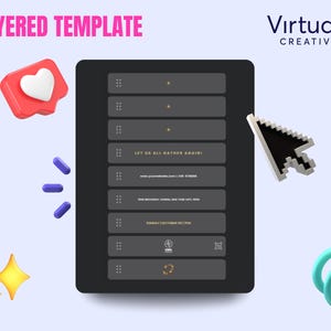 Pode incluir: Um modelo de design digital em um tablet com o texto "LAYERED TEMPLATE" em rosa. O modelo tem um fundo cinza escuro com texto cinza claro e um cursor apontando para ele. Elementos decorativos incluem um cora&ccedil;&atilde;o vermelho, p&iacute;lulas azuis e estrelas amarelas.