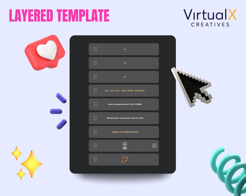 Pode incluir: Um modelo de design digital em um tablet com o texto "LAYERED TEMPLATE" em rosa. O modelo tem um fundo cinza escuro com texto cinza claro e um cursor apontando para ele. Elementos decorativos incluem um cora&ccedil;&atilde;o vermelho, p&iacute;lulas azuis e estrelas amarelas.