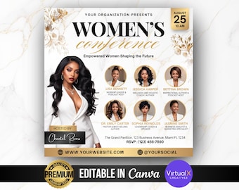 May include: A promotional graphic for a Women's Conference, featuring a central image of a woman in a white blazer. The design includes gold accents, floral elements, and speaker headshots. The event is hosted by Chantel Rivers.