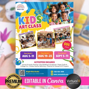 Puede incluir: Un folleto colorido que promociona una clase de arte para niños. El folleto presenta a niños con las manos pintadas, actividades artísticas y fechas de clases. El texto incluye "Kids Art Class", "Drawing & Painting", "Sculpture & Clay".