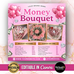 Money Bouquet Flyer, Editable Florist Flyer, Bouquet of Flowers Pricelist, Flower Shop Business Flyer, Money Flowers Template, DIY Canva