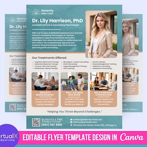 May include: A teal and white flyer with a photo of a woman smiling. The flyer advertises a counseling clinic called Serenity Mind Clinic. The flyer lists the services offered by the clinic, including anxiety management, self-esteem building, and relationship counseling. The flyer also includes the clinic's contact information and website address.