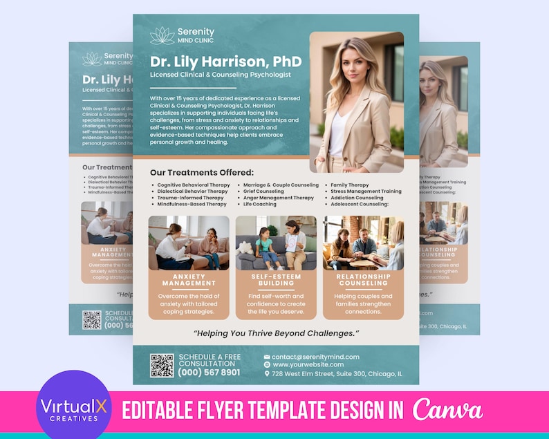 May include: A teal and white flyer with a photo of a woman smiling. The flyer advertises a counseling clinic called Serenity Mind Clinic. The flyer lists the services offered by the clinic, including anxiety management, self-esteem building, and relationship counseling. The flyer also includes the clinic's contact information and website address.