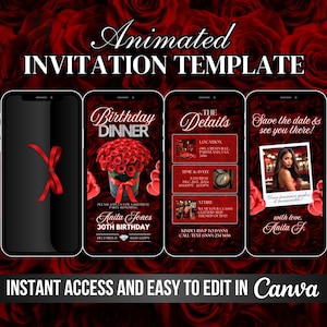 Digital Red Floral Birthday Dinner Invitation, Elegant Red Affair Party Animated Invite, Editable Dinner Video Canva E-vite, Red Balloons