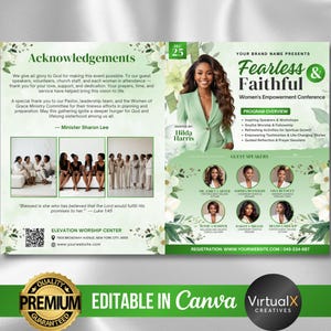May include: A green and white event flyer for the "Fearless & Faithful" Women's Empowerment Conference. The flyer features a photo of a woman in a green suit, event details, and the text "Editable in Canva."