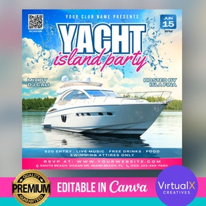 Dépliant d'invitation à une fête sur un bateau, Dépliant de week-end sur yacht, Dépliant d'événement DJ club d'été, Dépliant sur toile DIY, Dépliant d'événement estival prédéfini, Poster IG prédéfini